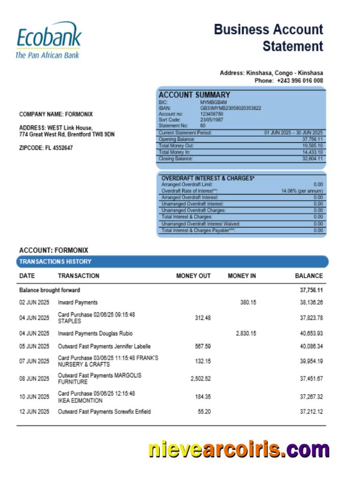 Congo Ecobank firm account statement